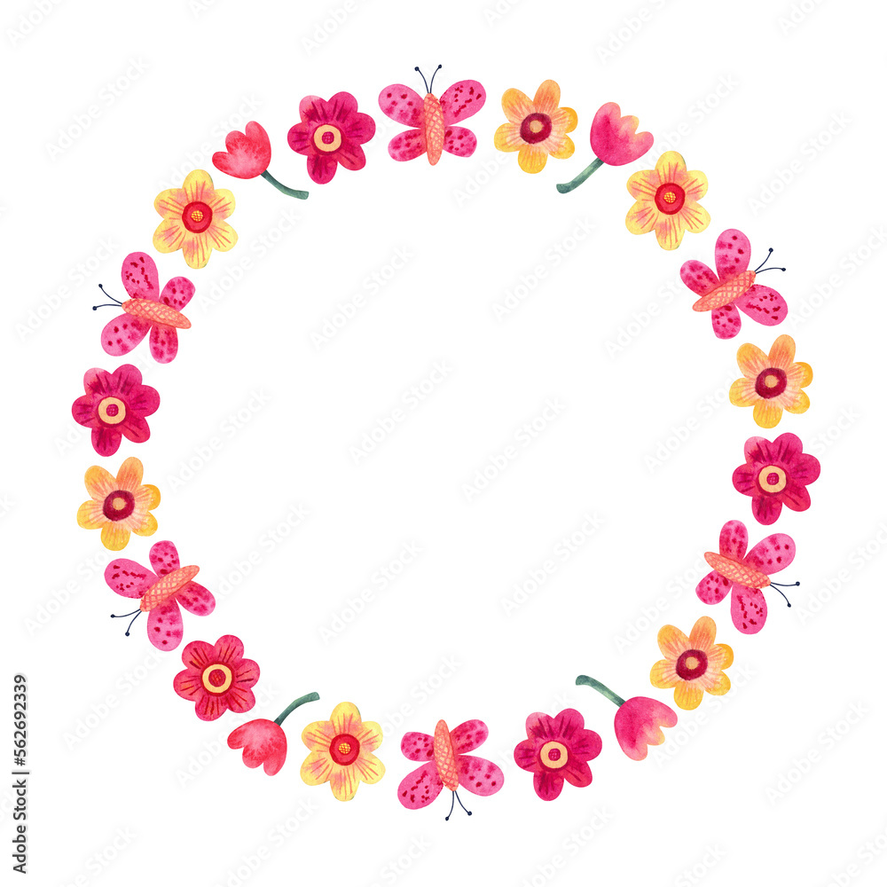 Watercolor hand painted floral round frame or wreath with daisy, tulip flowers and butterflies. Decorative colorful illustration.