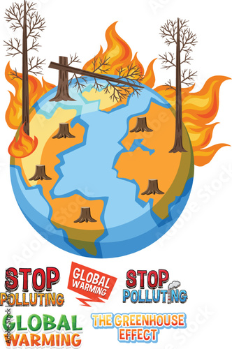 Burning globe with dry tree global warming banner photo