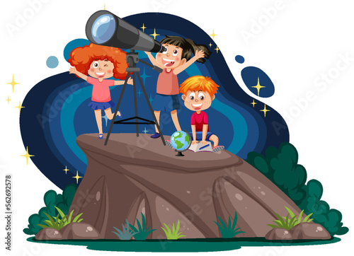 Kids observing planets with telescope