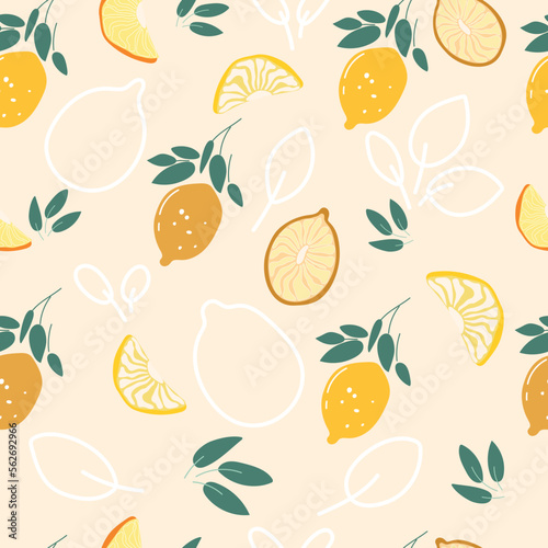 Fototapeta Naklejka Na Ścianę i Meble -  Seamless patterns with abstract fruits.  Shapes, leaves, lemons of yellow and blue colors. Vector illustration.