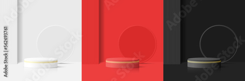 Set of realistic 3d background with luxury white, red and black cylinder podium pedestal, round circle and vertical shape background. Abstract minimal scene mockup products display.