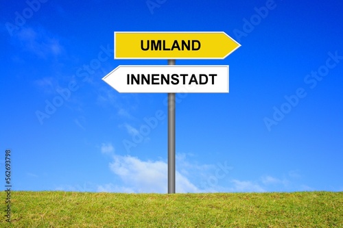 Schild Wegweiser zeigt Umland oder Innenstadt photo