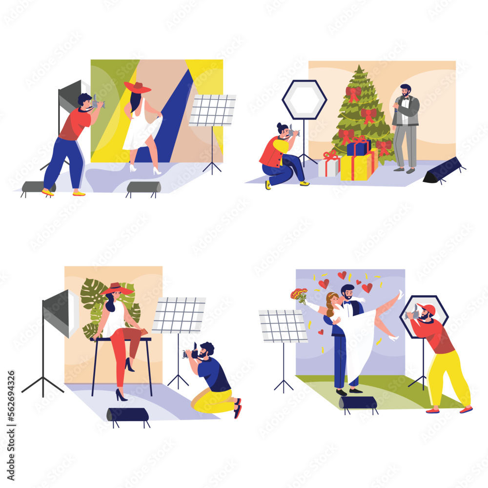 Set concept Men and women work as photographers with people scene in the flat cartoon style. Photographers do photo session for different people. Vector illustration.