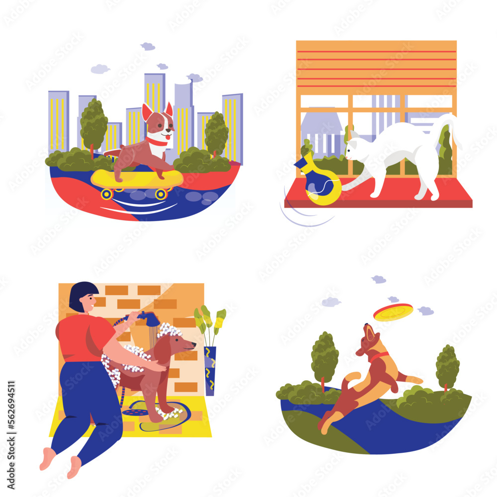 Set concept Different situations in the life of pets with people scene in the flat cartoon design. Images of pets and their simple life. Vector illustration. Set concept Different situations in the life of pets with people scene in the flat cartoon design. Images of pets and their simple life. Vector illustration.