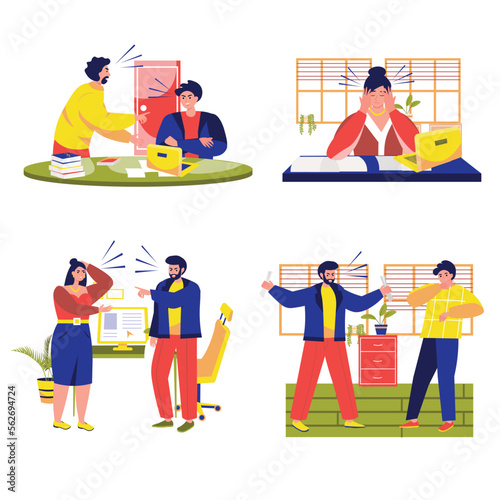Rudeness in a business team set concept with people scene in the flat cartoon design. Business people shout at each other because they faced some problems. Vector illustration.
