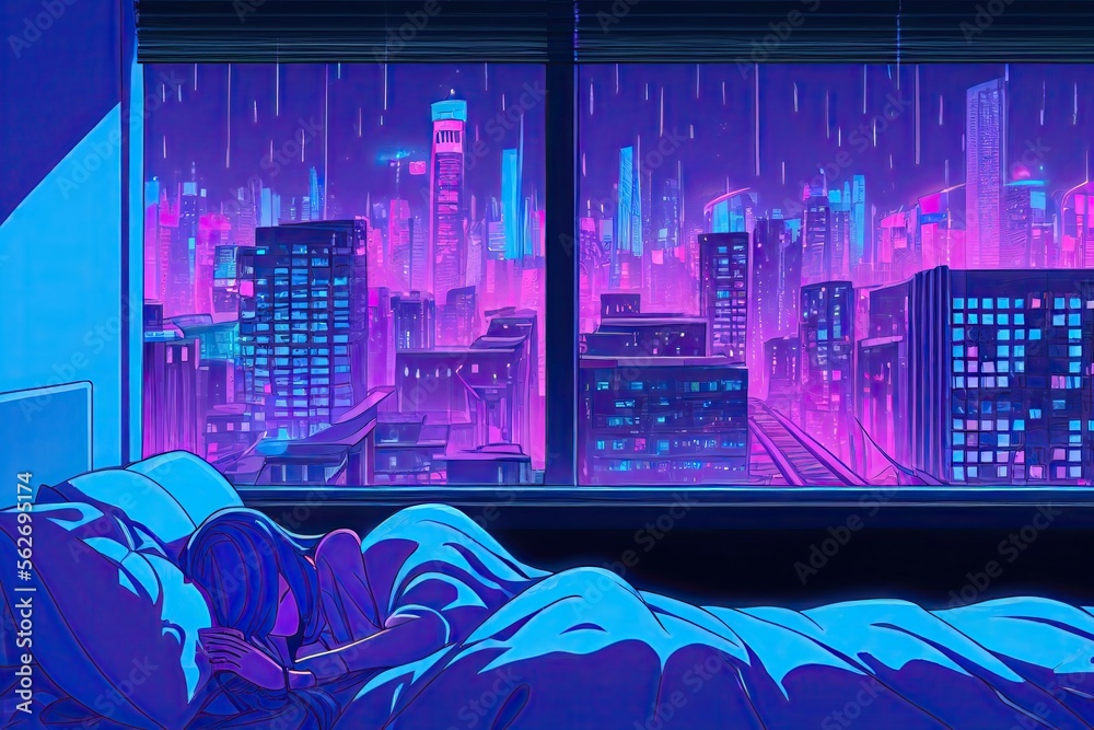 young woman sleeping under a blanket on her bed, futuristic city view