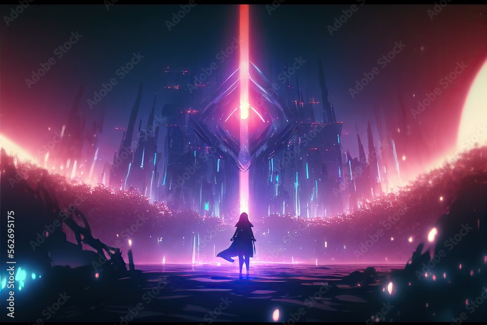 woman stands in front of a mega structure, manga style, anime, digital art, ai art