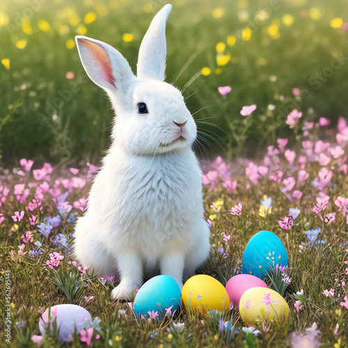 Easter bunny rabbit surrounded by colourful eggs sitting on a green meadow in spring - Generative AI © lavizzara