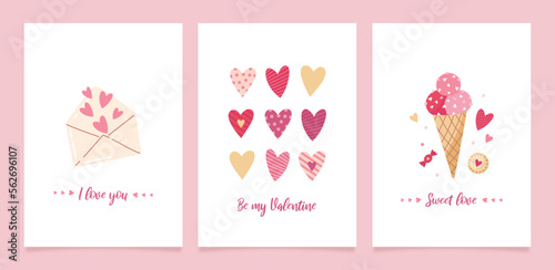 Set of greeting cards for Valentine's Day. Vector cute illustrations with festive decorative elements, heart, bouquet, envelope, sweets and inscriptions.