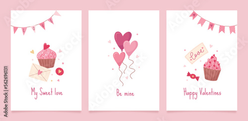 Set of greeting cards for Valentine's Day. Vector cute illustrations with festive decorative elements, heart, envelope, cupcake, sweets, balloons and inscriptions.