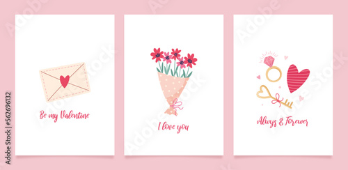 Set of greeting cards for Valentine's Day. Vector cute illustrations with festive decorative elements, heart, envelope, sweets and inscriptions.