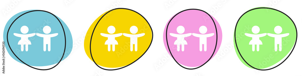 Banner mit 4 bunten Buttons: 2 Kinder - Junge und Mädchen Banner mit 4 bunten Buttons: 2 Kinder - Junge und Mädchen