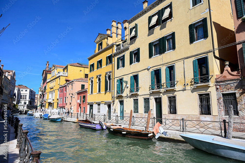 Venice, Italy: Historical buildings along the river canal. Popular tourist destination.