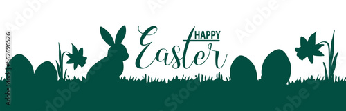 Happy Easter banner panorama wide holiday greeting card template illustration painting - Green silhouette of easter symbols  easter bunny  easter eggs and daffodils meadow isolated on white background