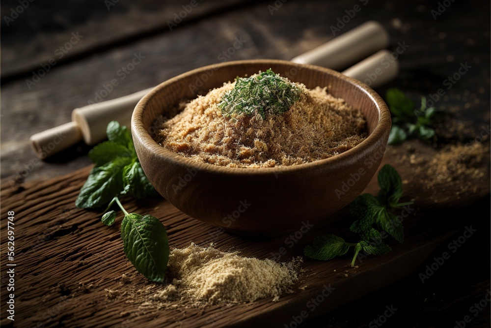 a bowl of food with herbs and spices on a wooden table next to a spoon and a pepper shaker on a wooden table top of wood with a few herbs and a few other. Generative AI a bowl of food with herbs and spices on a wooden table next to a spoon and a pepper shaker on a wooden table top of wood with a few herbs and a few other. Generative AI