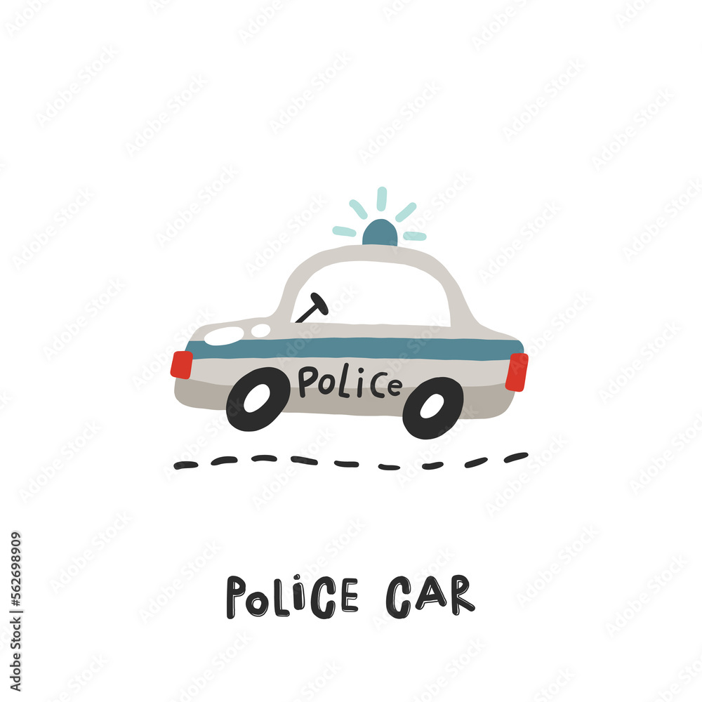 Fototapeta premium Police car. Hand drawn illustration in cartoon style. Transport toys. Cute concept for children's print. Illustration for the design postcard, textiles, apparel