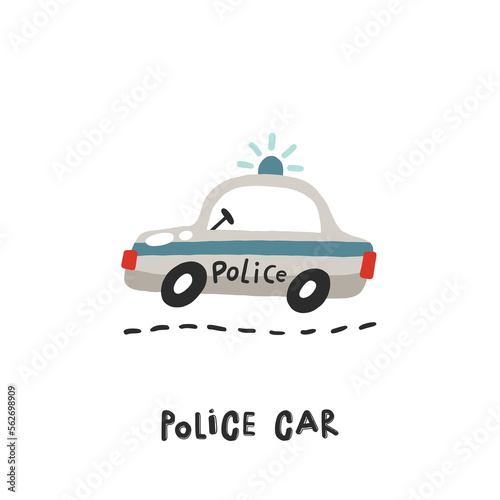 Police car. Hand drawn illustration in cartoon style. Transport toys. Cute concept for children's print. Illustration for the design postcard, textiles, apparel