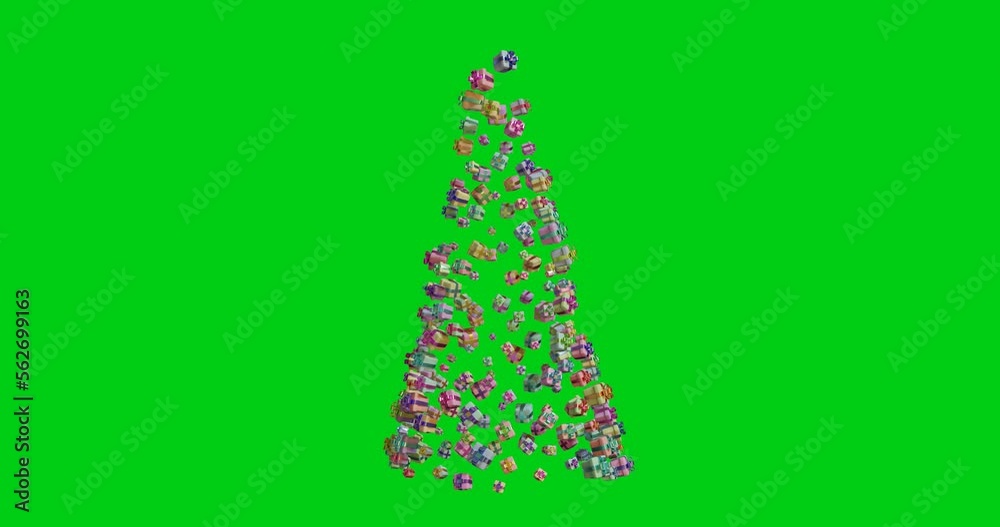 Gift boxes transformed into the shape of a Christmas tree are rotated on chroma key. Miniature 3D rendering Gift boxes transformed into the shape of a Christmas tree are rotated on chroma key. Miniature 3D rendering