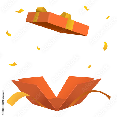 Surprise open orange gift box isolated with gold ribbon 3d style
