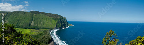 The Big Islands famous black sand beaches scene in a distance at the Waipio Valley Overlook, Hawaii.