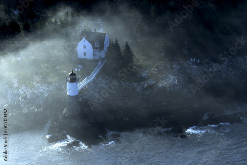 Aerial view of a lighthouse on Isle au Haut, Maine. photo