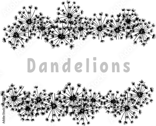 Border frame of silhouettes of fluffy dandelions with place for text