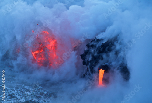 Lava from Kilauea Volcano enters the Pacific Ocean in Hawaii Volcanoes National Park. Hawaii. USA.