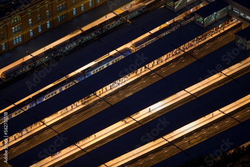 Melbourne railway station at night from the viewing platform in the Eureka Tower, the highest viewing platform in the Southern hemisphere, Victoria, Australia.