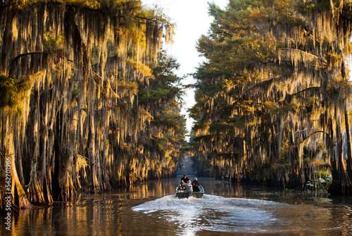 Two men float down a tunnel of trees in search of a good fishing hole. photo
