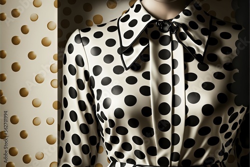  a polka dot shirt dress with a bow tie on a mannequin's dummyequins behind it, with a polka dot wall in the background, and a black and white backdrop. Generative AI photo