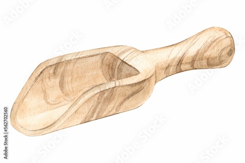 Wooden scoop for spices and herbs isolated on white background. Antique kitchen utensils. Tea making tool. Watercolor wood texture. Clipart for the packaging of ecological products in a rustic style.