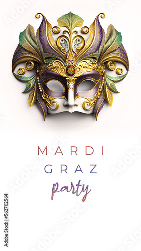 Realistic luxury carnival mask for Mardi Gras isolated on white background, panoramic banner with text Mardi Gras party. Generative AI, AI generated illustration.