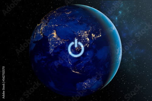Fototapeta Naklejka Na Ścianę i Meble -  blackout concept with power button on earth planet elements on this image furniched by NASA