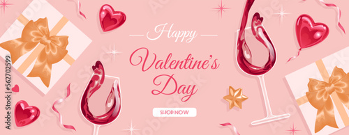 Holiday banner for Valentines day. Realistic glass of sparkling rose wine. Glittering hearts. Golden stars and ribbons, Gift boxes. For advertising, website, poster, flyer