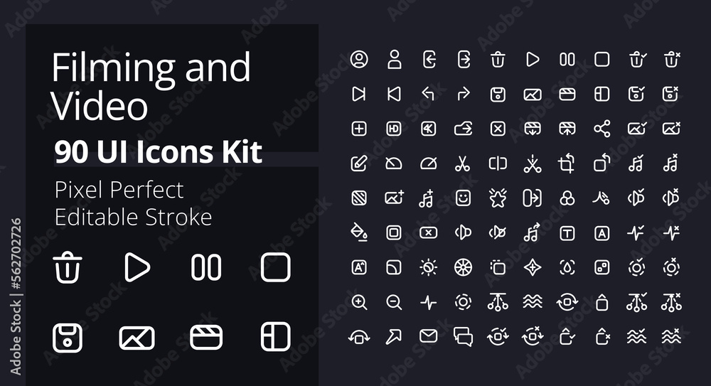 Video production pixel perfect white linear ui icons kit for dark theme ...
