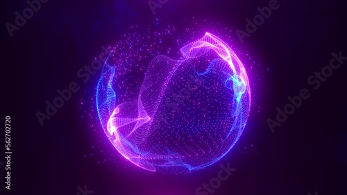 Abstract round blue to purple sphere light bright glowing from energy rays and magic waves from particles and dots, abstract background. Video 4k, motion design