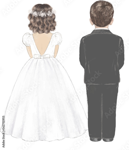Girl and boy on their First Holy Communion, hand drawn illustration