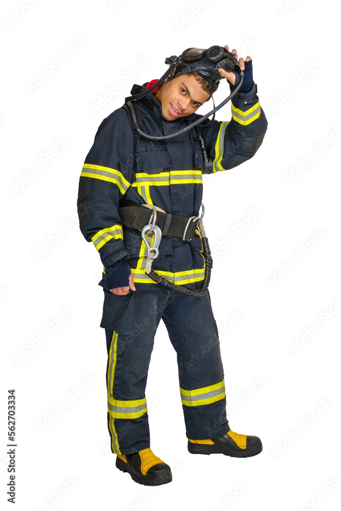 Full body young smiling African-American fireman in uniform and with air breathing apparatus takes off protective mask from his head, isolated on white background Full body young smiling African-American fireman in uniform and with air breathing apparatus takes off protective mask from his head, isolated on white background