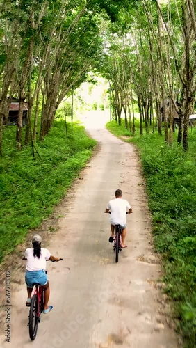 couple on a bike in the countryside in Thailand bicycling between rubber planation trees.  photo