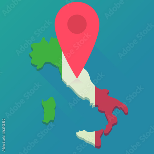 3d map in flat design style of italy in the colors of the italian flag with a red location marker on it to indicate a destination