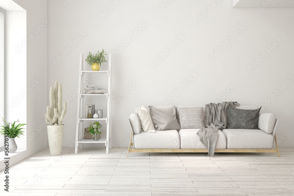 White living room with sofa. Scandinavian interior design. 3D illustration White living room with sofa. Scandinavian interior design. 3D illustration