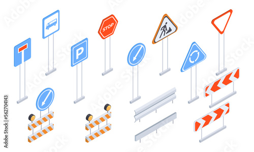 Isometric street road signs. City road signs and traffic signposts, urban city stop, parking and dead end signs 3d vector illustration set