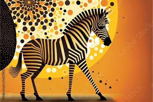  a zebra is walking in front of a yellow background with circles and dots on it s back end and a black and white zebra is walking in front of the background with a yellow background. Generative AI