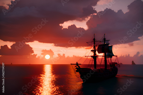 Silhouette of a Medieval Sailing Ship in the Sea in Sunset, Generative AI