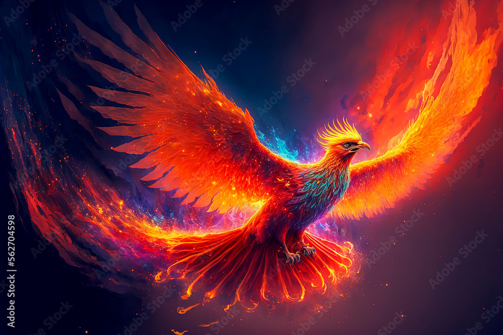 Fire phoenix is flying in the sky. Generative AI. Beautiful phoenix