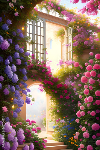 Entrance of a Flower Garden House, Generative AI