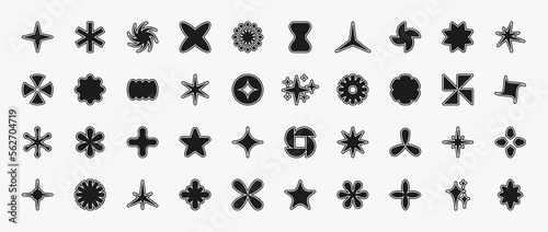 Y2K star shapes collections. Retro star and starburst icons and symbols. Different abstract bold modern shapes. Design elements for posters, banners and fashion design. Vector.