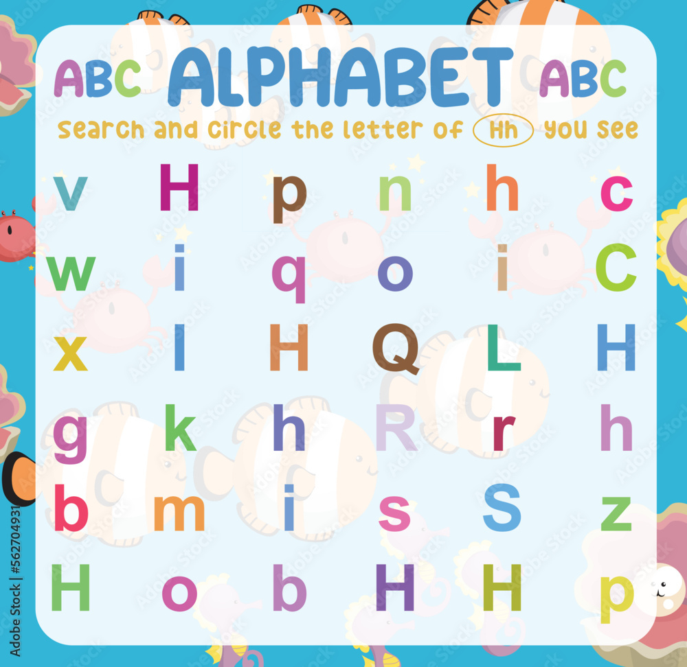 Search and circle the uppercase and lowercase letter Hh on the worksheet. Exercise for children to recognize the alphabet. Educational sheet for preschool. Vector file.