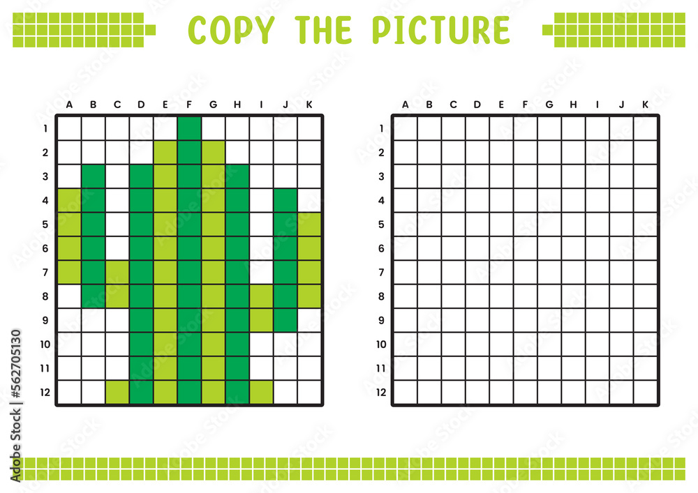 Fototapeta premium Copy the picture, complete the grid image. Educational worksheets drawing with squares, coloring cell areas. Children's preschool activities. Cartoon vector, pixel art. Cactus plant illustration.