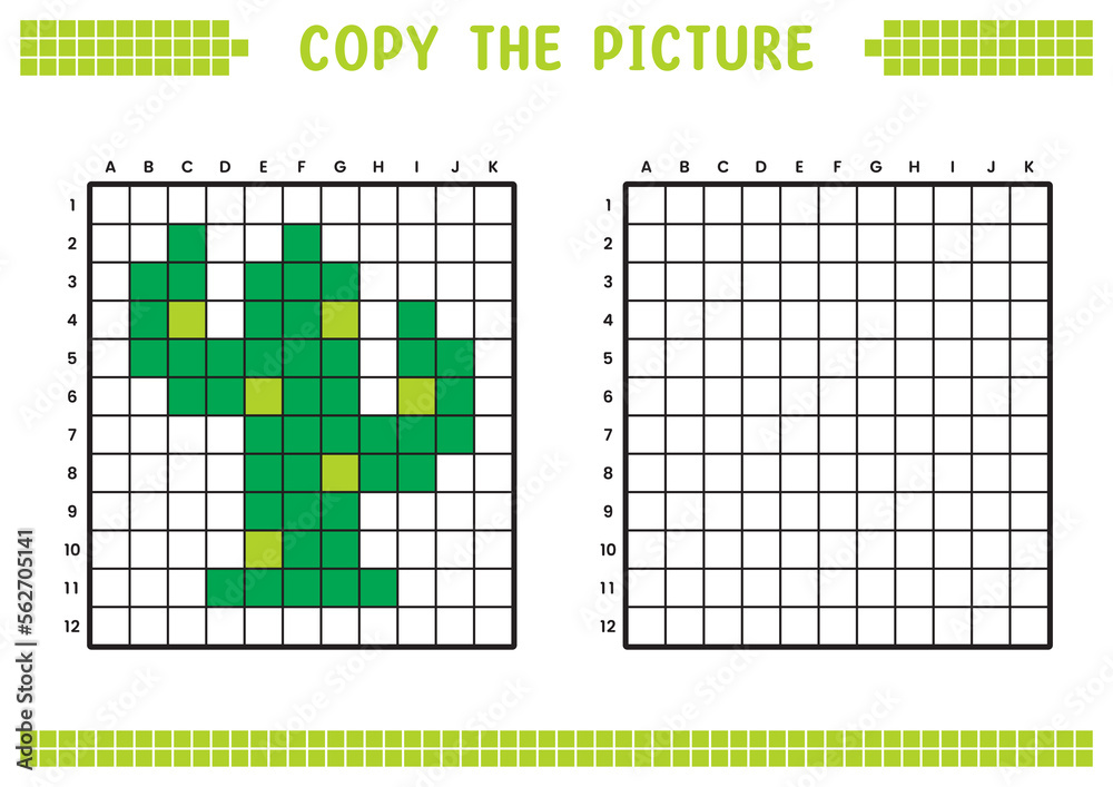 Fototapeta premium Copy the picture, complete the grid image. Educational worksheets drawing with squares, coloring cell areas. Children's preschool activities. Cartoon vector, pixel art. Cactus plant illustration.